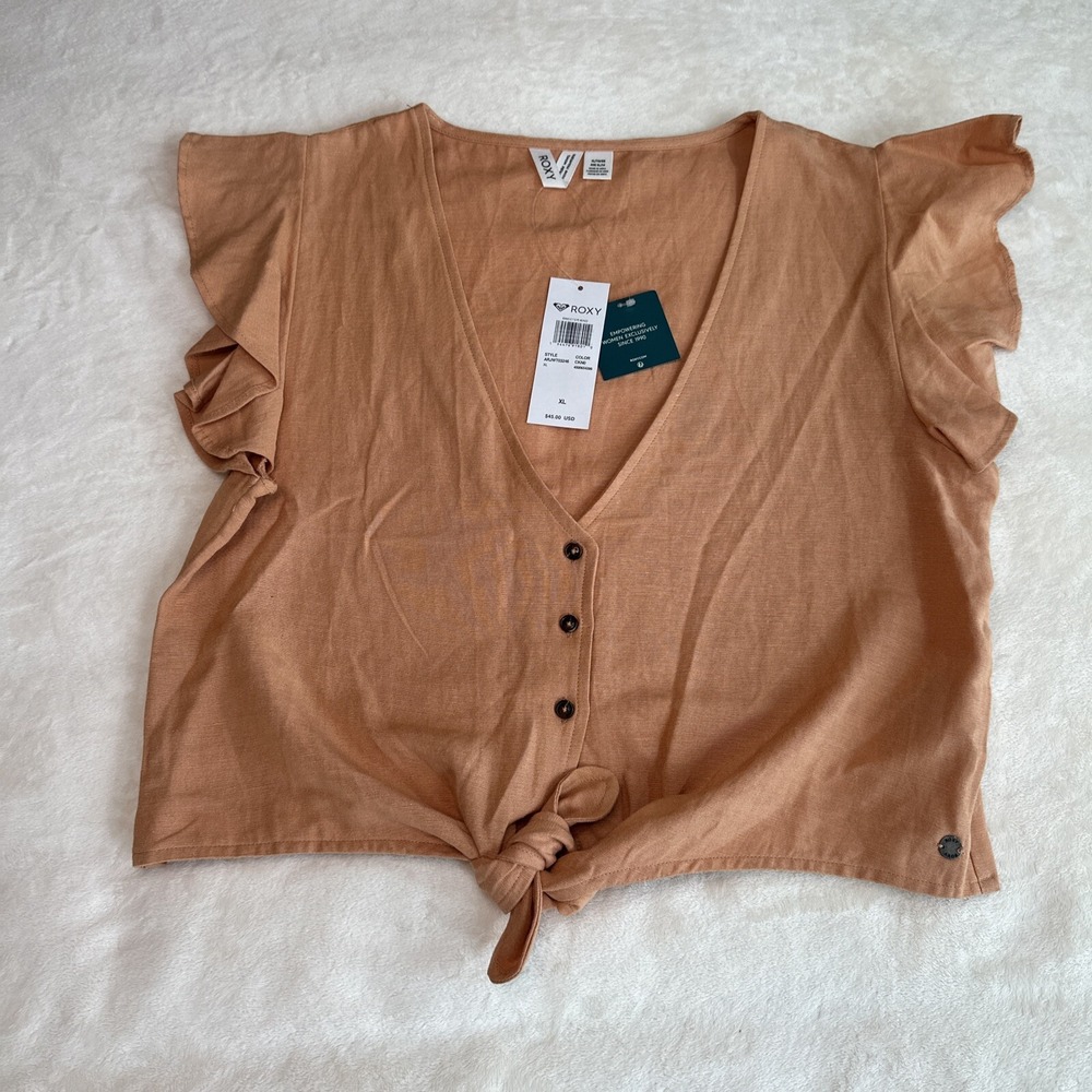 Womens Roxy Coral Button Tie Front Crop Ruffle Sleeve Top Blouse Shirt XL NWT